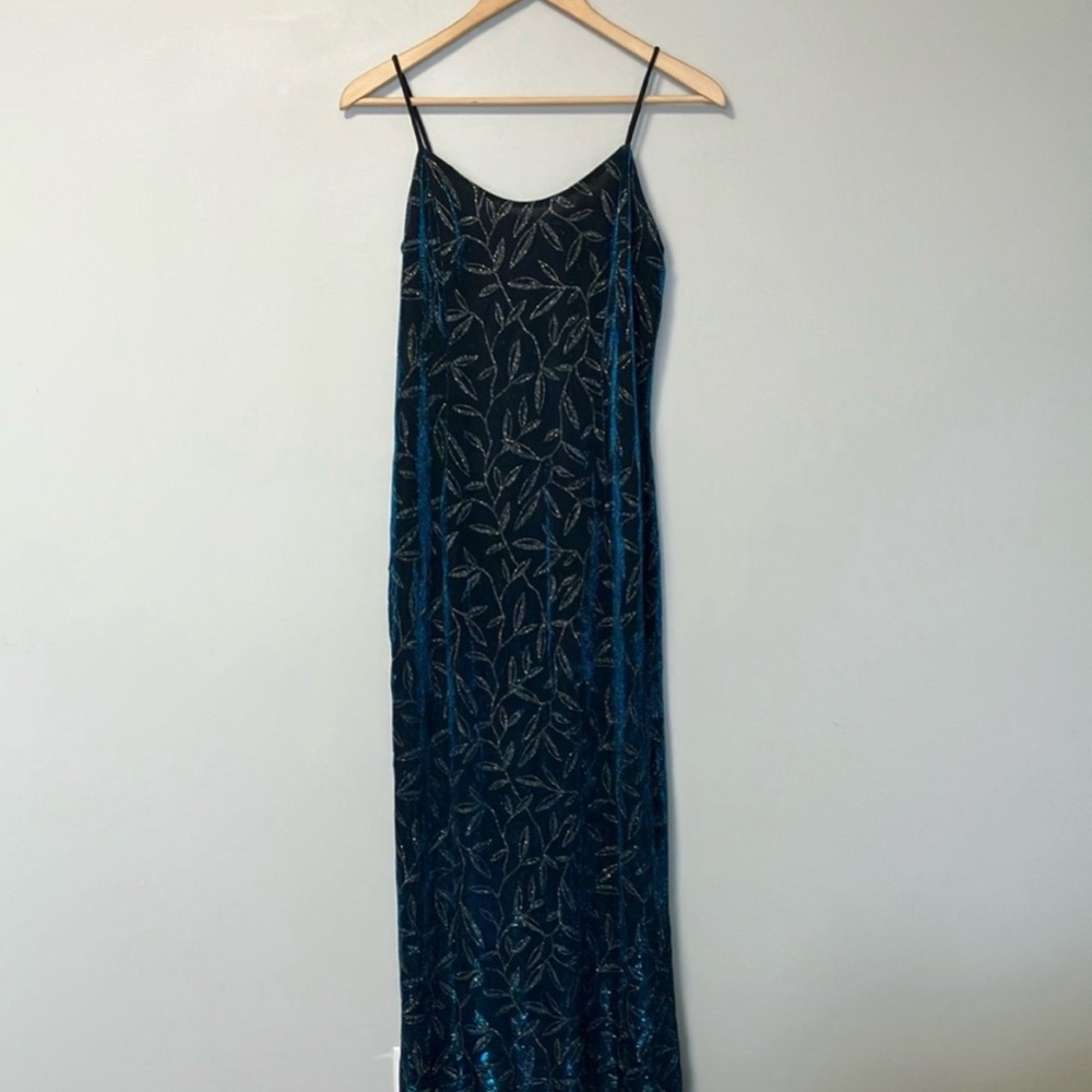 Jessica McClintock Navy Leaf Pattern Maxi Dress Gunne Sax